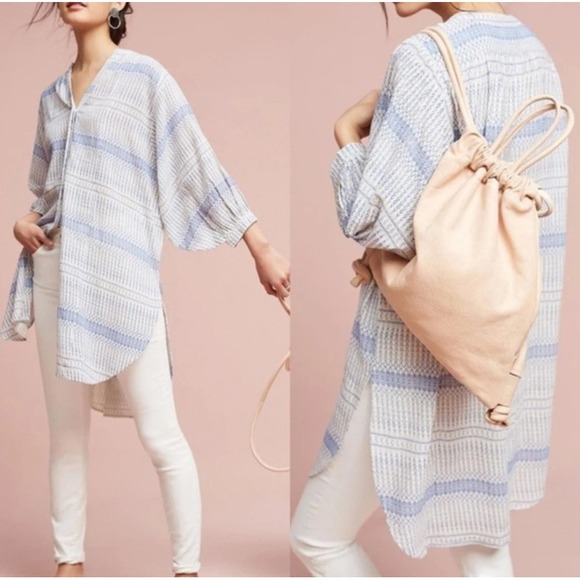 Maeve Tops - Maeve Anthropologie‎ Lena Yarn Dyed Tunic Oversized Boho Chic Blue White XS